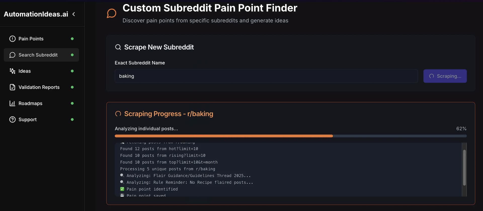 Custom Subreddit Search Tool interface showing a list of discovered pain points from various sources
