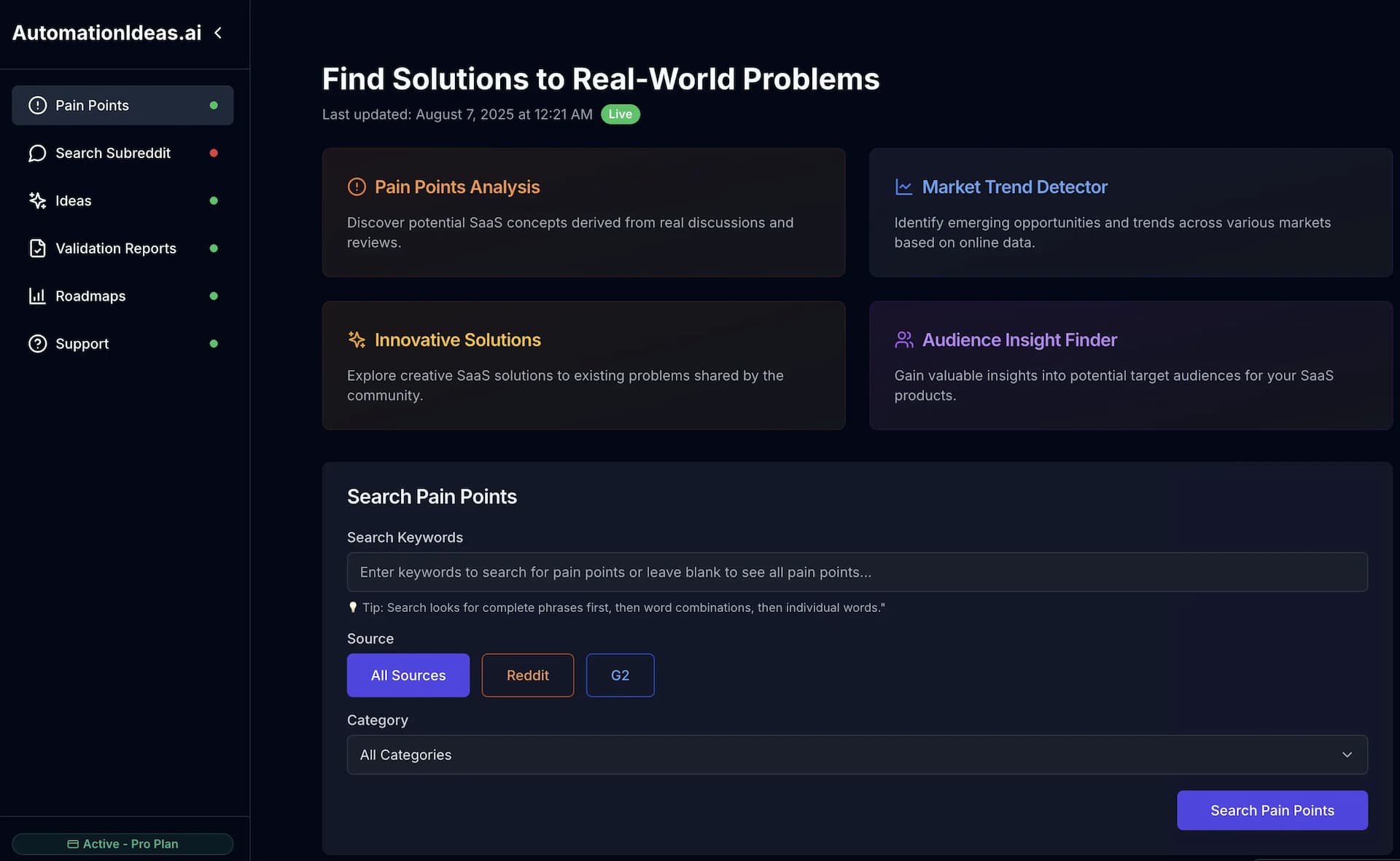 Pain Points interface showing a list of discovered pain points from various sources