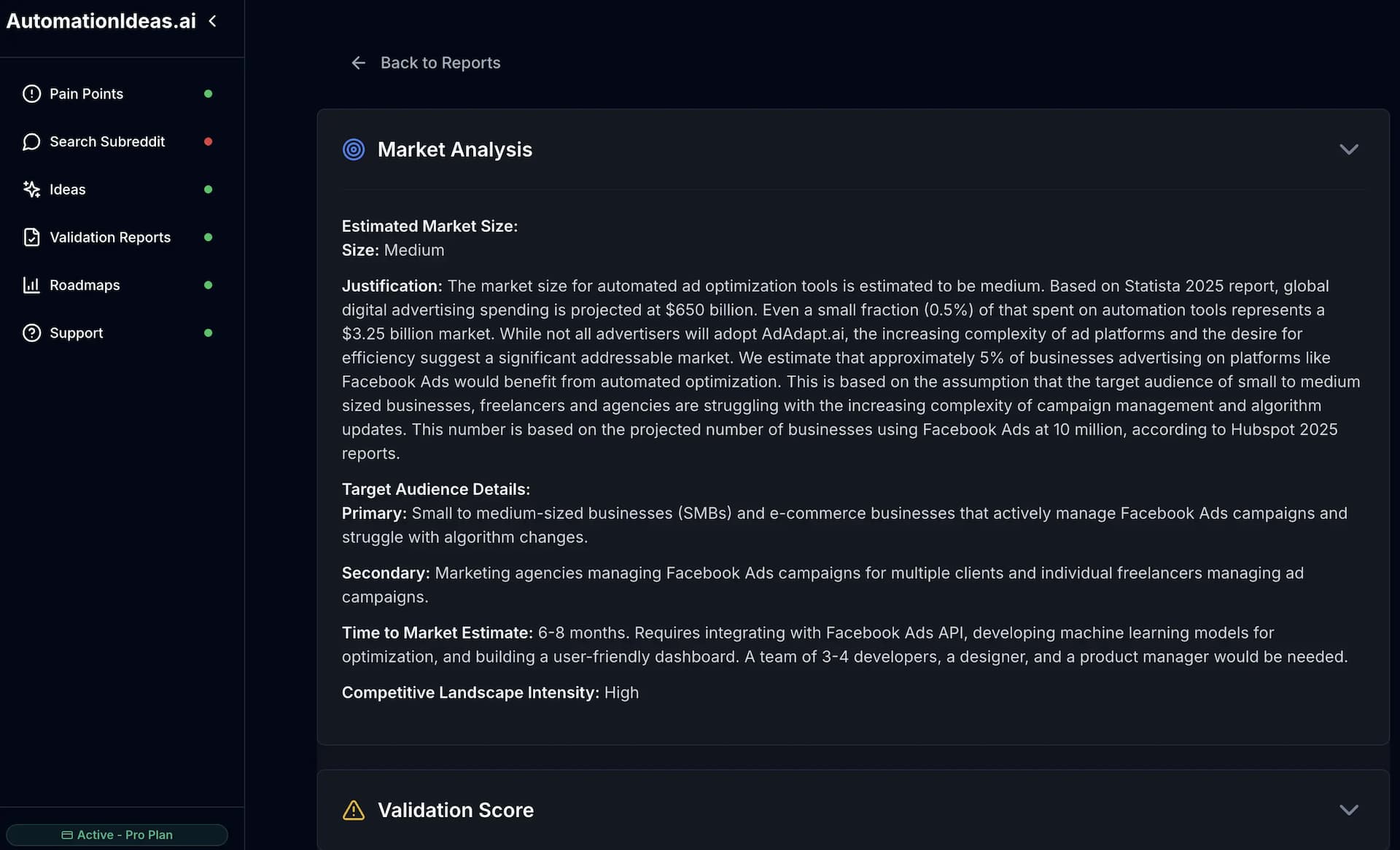 Validation Reports interface showing market analysis and validation scores
