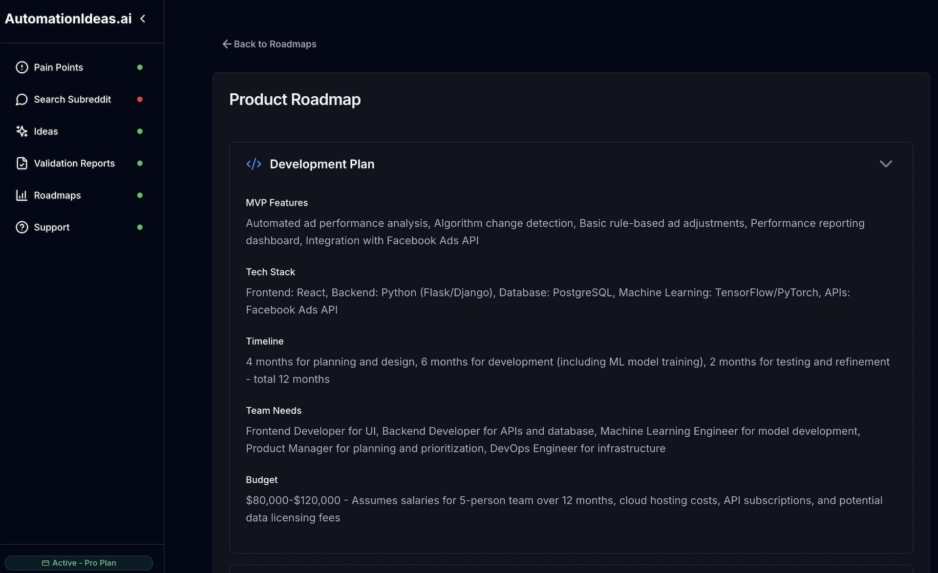 Roadmaps interface showing development plan and strategic timelines